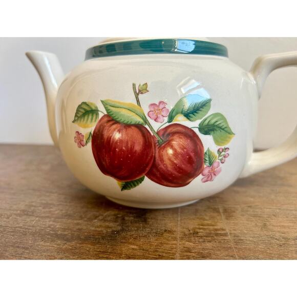 Vintage Ceramic Teapot with Apple Design and Green Trim | Floral Teapot - Picture 2 of 8